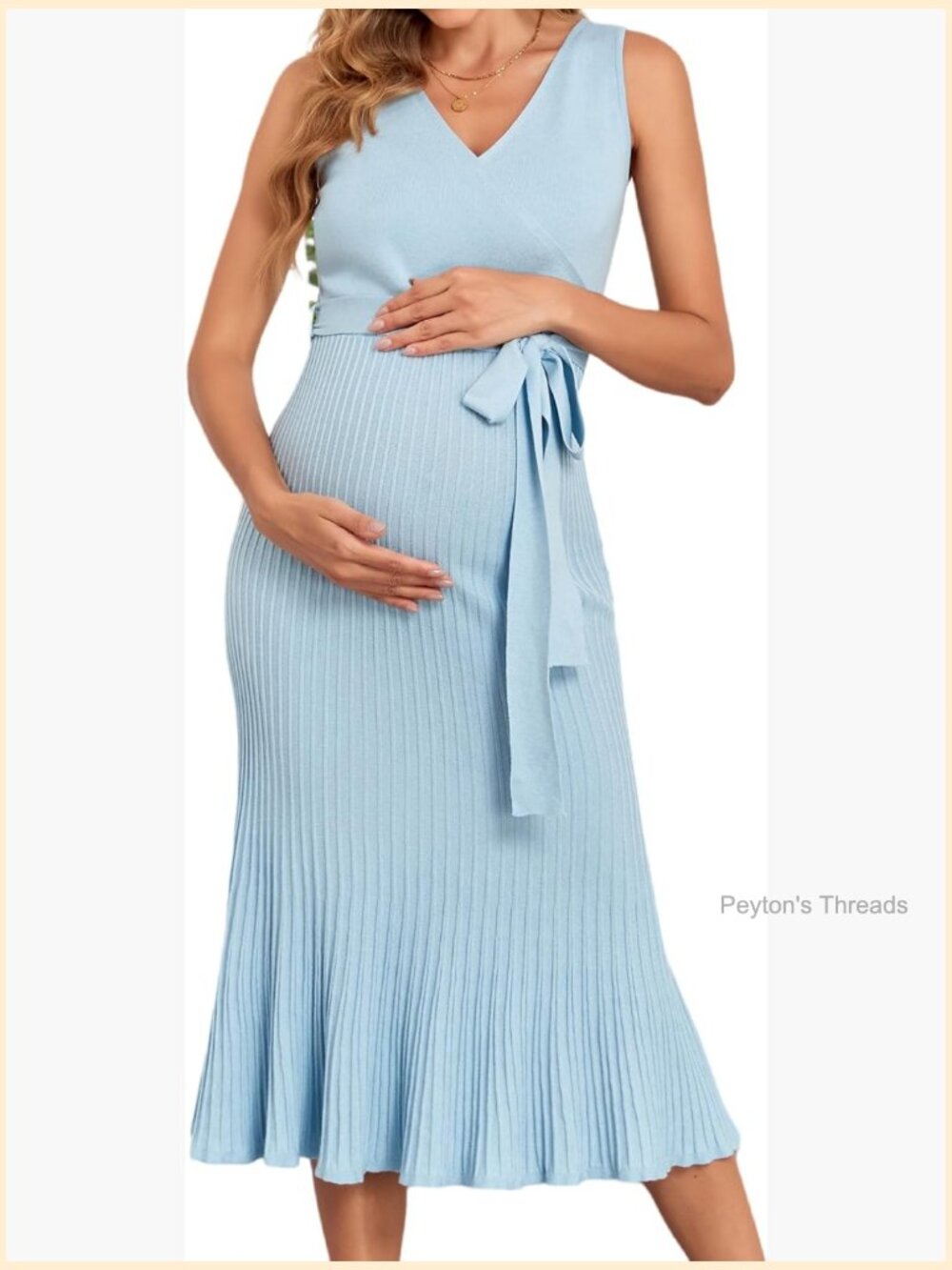 Sleeveless V-Neck Midi A-Line Knit Maternity Nursing Dress with Belt
